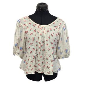 Free People Floral Cotton Gauze Peplum Blouse Ivory Red Blue XS NEW WITH FLAW